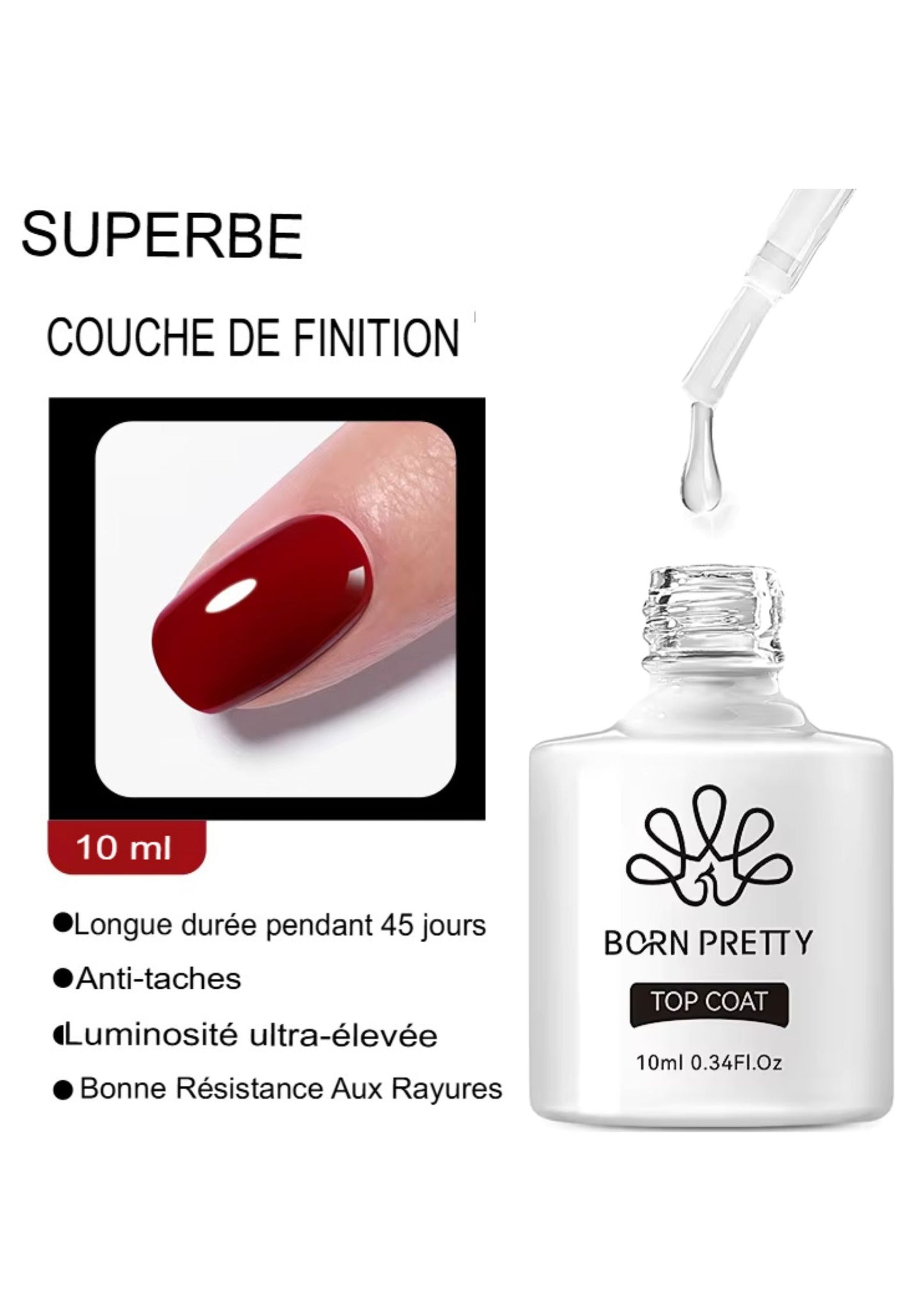 Vernis Gel Transparent BORN PRETTY 10ml - Longue Tenue, Séchage Rapide, Convient UV/LED