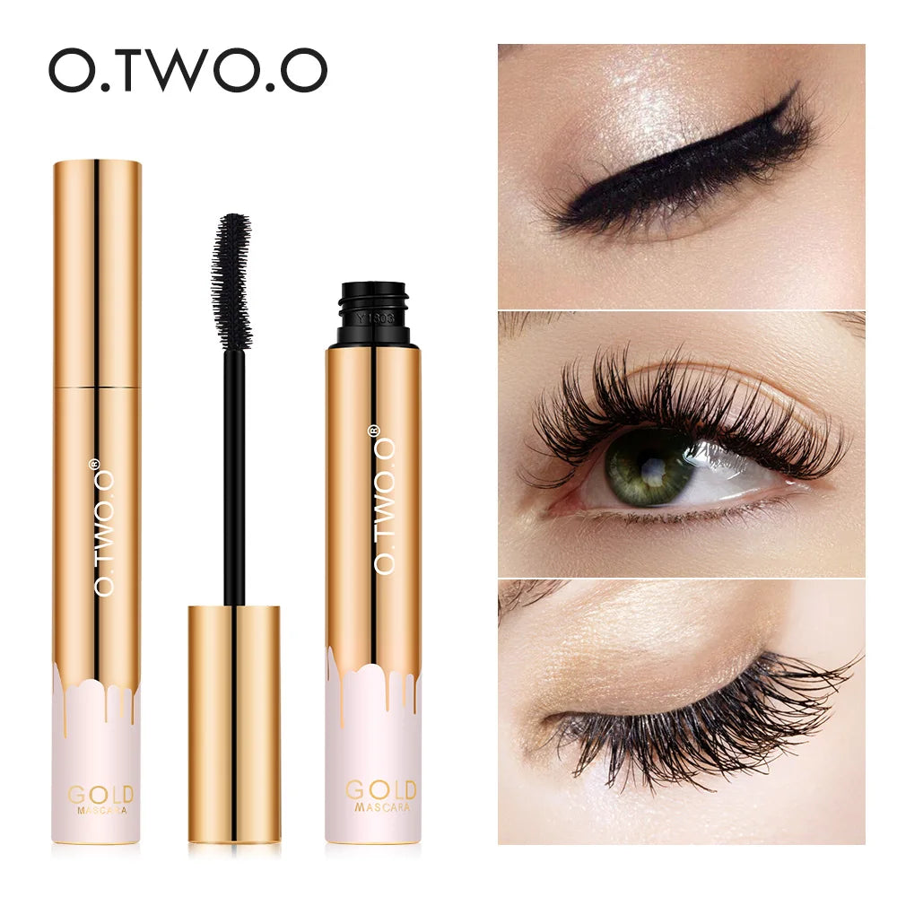 Mascara O.TWO.O 3D Allongeant Noir, Extension de Cils, Brosse de Maquillage Longue Tenue, Couleur Or.