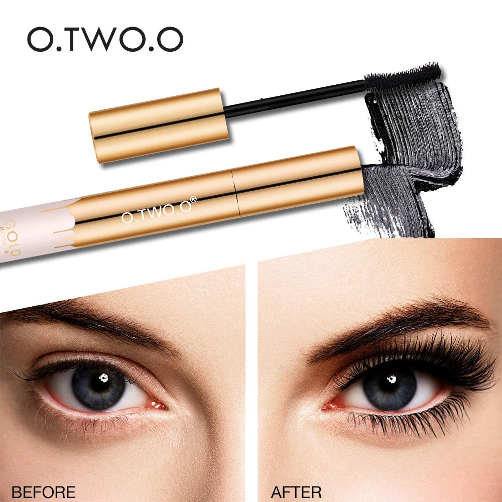 Mascara O.TWO.O 3D Allongeant Noir, Extension de Cils, Brosse de Maquillage Longue Tenue, Couleur Or.